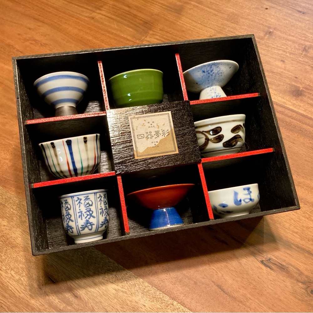 Set of unique ceramic sake cups with display box
